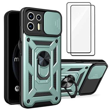 Imagem de Capa para Motorola Moto Edge 20 Lite Capinha | com 2 protetores de tela temperados, janela deslizante de proteção da câmera integrada e suporte para telefone - Verde