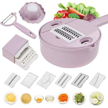 Imagem de cortador de legumes cortador de corte - cortador e triturador de mandolina espiralizador de legumes 10 em 1, ralador de juliana multiuso para cozinha com protetor e separador de clara de ovo, cesto de drenagem, rosa