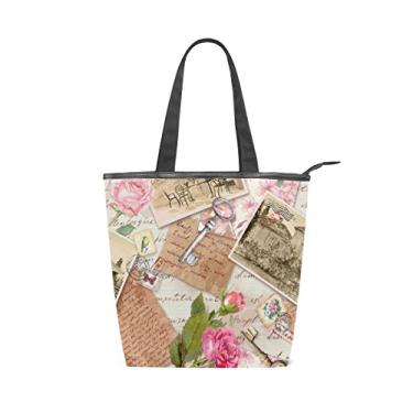 Imagem de Bolsa feminina durável de lona para fotos vintage carimbos rosa flores bolsa de ombro sacola de compras grande capacidade