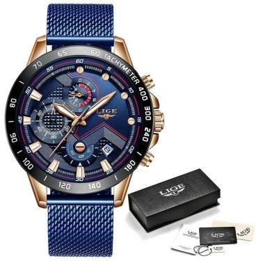 Imagem de Relógio Masculino Lige 9929 à Prova D`água Rosa Ouro Azul
