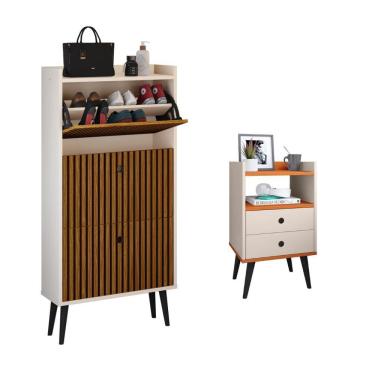 Imagem de Kit Quarto Sapateira Vertical 3 Gavetas Basculantes Dark Off White/Ripado e Mesinha Lateral Pequena Nicho Organizador Dream Off White/Cinamomo – RPM