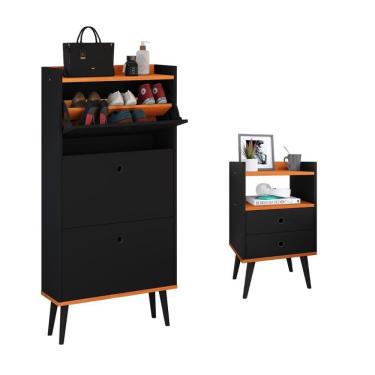 Imagem de Kit Quarto Sapateira Vertical 3 Gavetas Basculantes Dark e Mesinha Lateral Pequena com Nicho Organizador Dream - Preto/Cinamomo – RPM