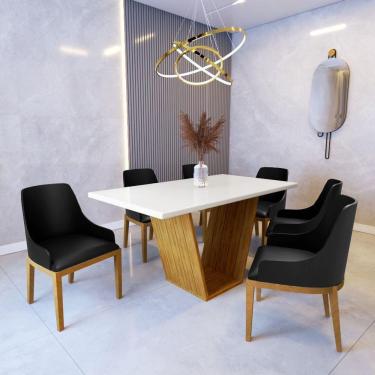 Imagem de Mesa De Jantar Safira 1,6m Off White Com 6 Cadeiras Elisa Tecido Sintético Madeira Maciça Castanho
