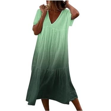 Imagem de Vestido feminino casual gradiente de cor solta gola V manga curta vestido de praia vestido longo feminino casual vestido envolvente, Verde, XXG