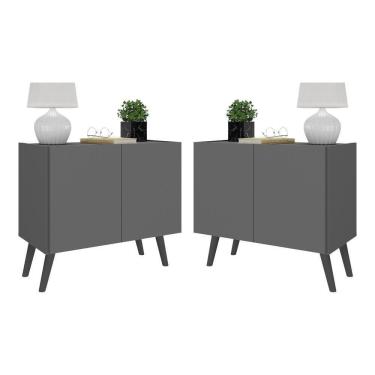 Imagem de Kit 2 Mesas De Cabeceira Retrô 2 Portas Mp4138 Grafite preto