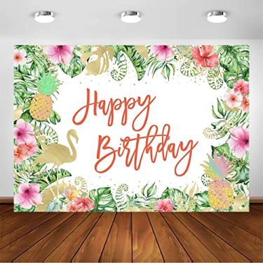 Imagem de Avezano Pano de fundo de festa de verão tema havaiano decoração de festa de aniversário de menina flamingo tropical bandeira de aniversário floral dourado folhas de palmeira luau fundo fotográfico