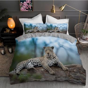 Imagem de Jogo de cama de capa de edredom de leopardo solteiro, vida selvagem, 3 peças, microfibra macia texturizada, 172,7 x 228,6 cm e 2 fronhas, com fecho de zíper e laços