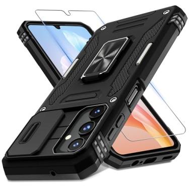 Imagem de DEERLAMN Capa para Samsung Galaxy A15 5G com capa de câmera deslizante + protetor de tela (1 unidade), suporte de anel giratório capa protetora à prova de choque de grau militar - preta