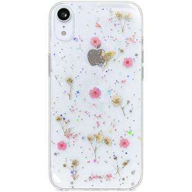 Imagem de Abbery Capa para iPhone XR transparente com flor prensada Gypsophila rosa com glitter fofo macio TPU verdadeiro seco floral estética protetora à prova de choque para mulheres meninas capa de telefone