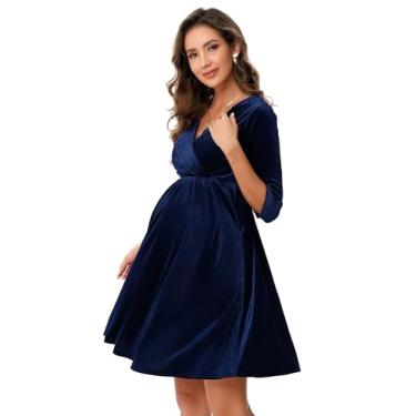 Imagem de FUNJULY Vestido de maternidade feminino de veludo retrô decote em V evasê sexy para sessão de fotos vestido de férias vestido de noite convidada de casamento, Azul marino, P