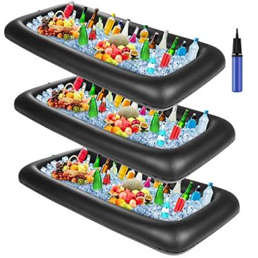 Imagem de 3 peças de bandeja inflável para servir bar/buffet de gelo, refrigerador de bebidas com plugue de drenagem, refrigerador inflável para festas, porta-alimentos, bebidas, recipientes térmicos com bomba manual de buffet Luau Cooler para mesa