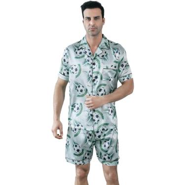Imagem de Conjunto de pijama masculino de cetim, manga curta, sedosa, com botões, multicolorido, sedoso, conjunto de pijama masculino, Futebol verde, X-Large