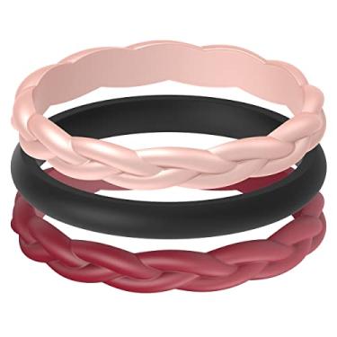 Imagem de ThunderFit Alianças de casamento femininas de silicone, anéis de casamento respiráveis para mulheres, (trançado-vermelho escuro, H, ouro rosa A, preto fino - tamanho 7,5-8 (18,2 mm))