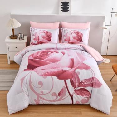 Imagem de Jogo de cama queen com edredom rosa, rosa, 7 peças, rosa e flor rosa, rosa (1 edredom, 2 fronhas, 1 lençol de cima, 1 lençol com elástico, 2 fronhas)