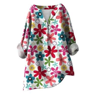 Imagem de Camiseta de verão feminina de linho com estampa floral, manga comprida, gola V, botão, blusa de férias, Rosa choque, G