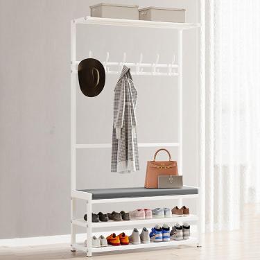Imagem de Cabide de metal em pé com banco de sapatos Porta de entrada moderna Cabide independente Organizador de armazenamento de sapatos com 7 ganchos para entrada de corredor A, B, 75 CM