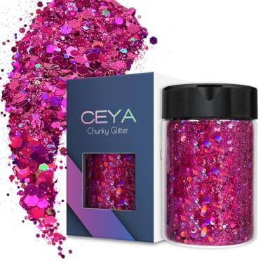 Imagem de Ceya Glitter grosso holográfico, 100 g de pó de glitter fúcsia para artesanato em pó misto de flocos grossos e finos, lantejoulas iridescentes para arte de unhas, cabelo, resina epóxi, copos, geleca, pintura, decoração de festivais