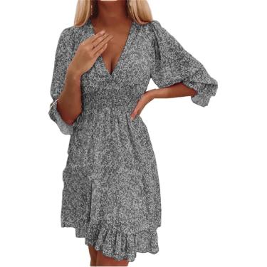 Imagem de Vestido feminino de comprimento médio cintura pulôver boêmio estampado vestido florido de manga curta, 6 azul, M