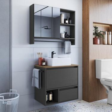 Imagem de Conjunto para Banheiro Gabinete Suspenso 60cm com Toalheiro Cuba e Espelheira 80cm Cj8050.20 Mel/Grafite