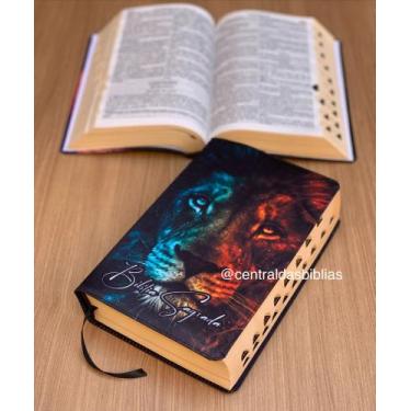 Imagem de Bíblia Leao faces azul vermelho  Letras grandes com Harpa avivada e co