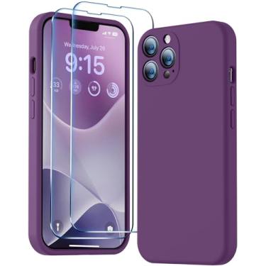 Imagem de BossKiss Capa compatível com iPhone 13 Pro Max, capa de silicone líquido premium [toque aveludado] [2 películas protetoras de tela de vidro temperado 9H], kit de proteção total à prova de choque para câmera, uva