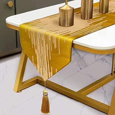Imagem de Fullony Caminhos de mesa dourados, 98 polegadas de comprimento, abstrato, listrado, com borlas de luxo, para cômoda, mesa de jantar, suporte de TV, piano e cabeceira