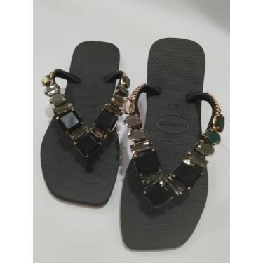 Imagem de Chinelo havaianas original com pedraria preta de luxo, Preto, 33/34