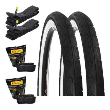 Imagem de 2 Pneu Kenda Faixa Branca Slick 26x1.95 + 2 Câmaras Pirelli Cor Preto/
