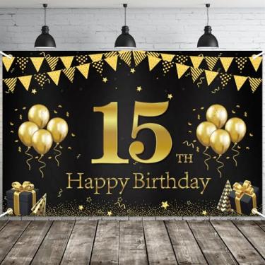 Imagem de JOYKY Faixa de feliz aniversário de 15 anos, decorações de festa de aniversário de 15 anos de ouro preto para meninos e meninas, decoração de pano de fundo, 15 x 3,8 pés