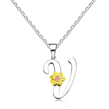 Imagem de Uloveido Colar de girassol inoxidável com inicial letra A a Z 26 alfabetos pingente presentes de formatura para mulheres meninas Y2931, Aço inoxidável, Zircônia cúbica