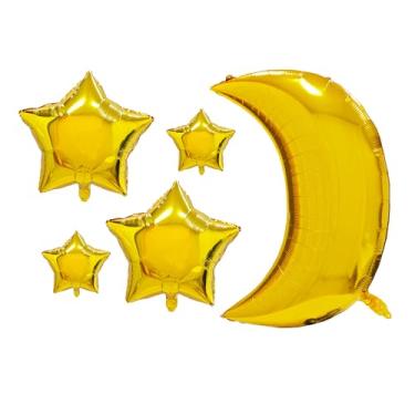 Imagem de 5Pcs Gold Moon Star Balloons 1Pc 36 Inch Large Moon Balloons 2Pcs 18 In Star 2Pcs 10 In Star Gold Sparkle Foil Balloons For Over The Moon Star Balloon Arch Kit For Baby Shower Wedding Party Decoration
