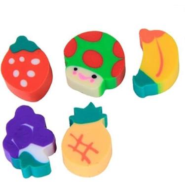 Imagem de 5 peças de mini borrachas coloridas em formato de fruta – corretores de borracha em forma de cogumelo fofos de abacaxi, morango, banana, cogumelo para borrachas de lápis padrão de escritório,