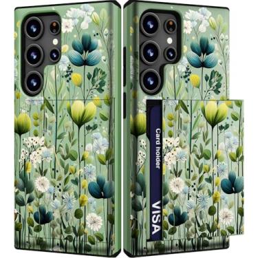 Imagem de IWONE Capa para celular compatível com Samsung Galaxy S23 Ultra, fofa com porta-cartões/à prova de choque com compartimento fino, carteira para celular para mulheres Galaxy S23 Ultra/folhas verdes