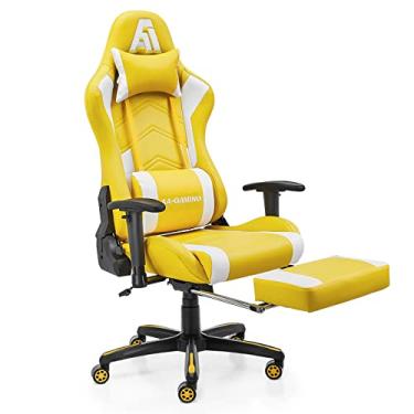 Imagem de AA Products Cadeira para jogos, cadeira ergonômica de corrida de computador, ajustável, com apoio para os pés, cadeira giratória de suporte lombar – amarelo-branco