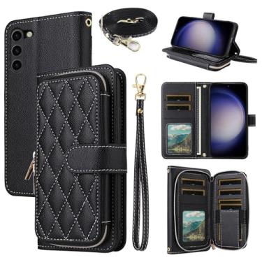 Imagem de Dswteny Argyle Capa carteira para Samsung Galaxy Z Fold 6 5G 2024 com alça de pulso, alça de ombro, suporte para cartão de crédito, acessórios para celular ZFold6 Z6 G Fold6 6Z mulheres meninas preta
