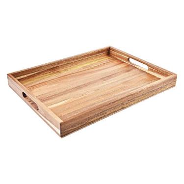 Imagem de Bandeja de madeira Acacia com alças (40,6 cm) – Bandeja decorativa para servir bandejas para o café da manhã na cama, almoço, jantar, aperitivos, pátio, otomano, mesa de café, churrasco, festa – Ótimo para o sofá e sofá