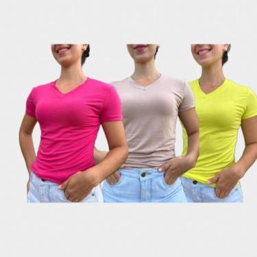 Imagem de Kit 3 Blusa Feminina Gola V Manga Curta Tshirt Basica Blusinha Cores D