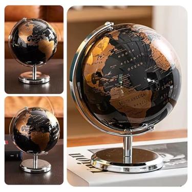 Imagem de Globo Terrestre Giratório Preto Decorativo Base de Metal Enfeite Educativo para Mesa Presente Mapa Mundi Terrestre Planeta Terra Decoração Vintage Clássica Escritório Sala Quarto Loja Geopolítico