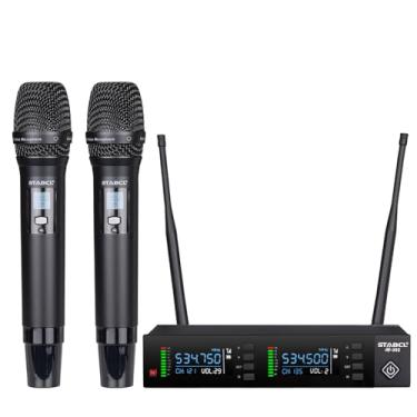 Imagem de Sistema profissional de microfone sem fio, UHF 2 x 100 canais de karaokê sem fio para cantar, DJ, igreja, microfones sem fio dinâmicos de metal duplo, digitalização automática, alcance de 300 m