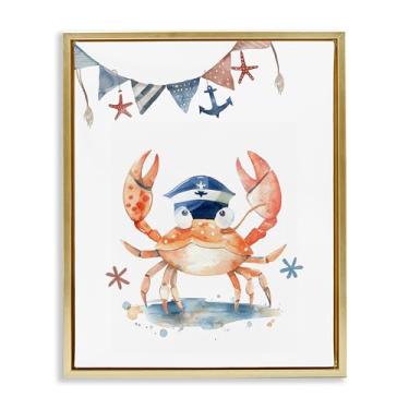 Imagem de Stupell Industries Design de arte de parede em tela emoldurada com caranguejo em chapéu de marinheiro flutuante dourado por LSR Design Studio, 43 x 53 cm