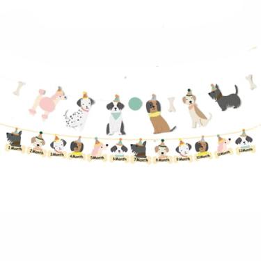 Imagem de Banner de imagem de cachorro de 12 meses banner de foto mensal para cachorro decoração de aniversário de primeiro ano suprimentos para chá de bebê, faixa de foto de primeiro aniversário com tema de