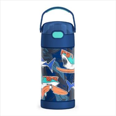 Imagem de THERMOS FUNTAINER Garrafa de água com canudo - 340 g - Garrafa de água infantil isolada a vácuo de aço inoxidável com tampa, tubarões Surfin