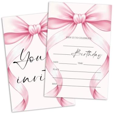 Imagem de Convites de aniversário de laço rosa, convites de festa de aniversário de laço de fita rosa para meninas mulheres adolescentes adultos, suprimentos de celebração de festa de aniversário, 20 convites