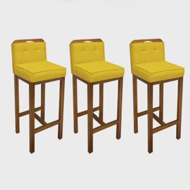 Imagem de Kit 03 Banqueta Alta Com Encosto Agnes Cozinha Balcão Bistrô Base Madeira Rústico Suede Amarelo - Ahz Móveis