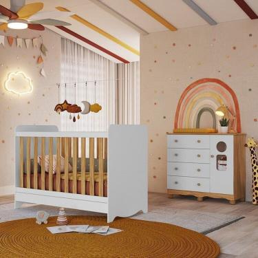 Imagem de Quarto de Bebê com Cômoda 1 Porta Janelada 4 Gavetas e Berço Minicama 100% Mdf Gael Espresso Móveis Branco Brilho/Amêndoa