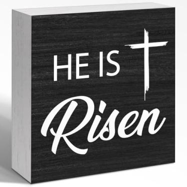 Imagem de Placa de madeira He is Risen, decoração de mesa, versículo bíblico inspirador, bloco de madeira, para casa cristã, quarto, escritório, prateleira, sala de oração, decoração de parede