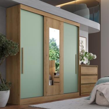 Imagem de Guarda Roupa Solteiro com Espelho 3 Portas de Correr Vision GlassTHB - Capuccino/Menta