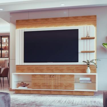 Imagem de Painel Frisado para TV até 65 Polegadas com LED 2 Portas de Correr Guaiba Mobler - Perola Metalizado/Amendoa