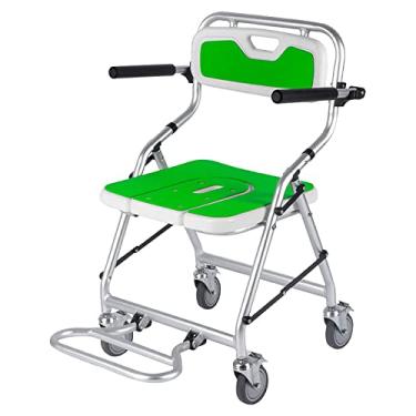 Imagem de Cadeira de cabeceira dobrável, cadeira de cabeceira portátil, cadeira de chuveiro de banho com apoios de braços e rodas, cadeira de banheiro de alumínio para Handica