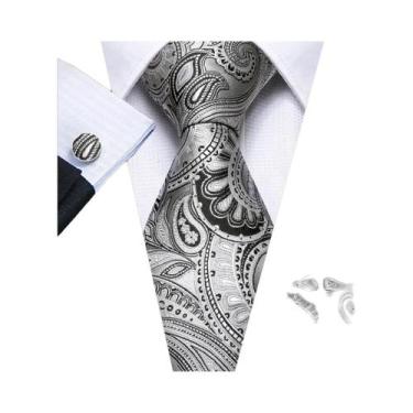 Imagem de Conjunto de Gravata e Abutões Masculinos - Seda Jacquard Preto, Branco